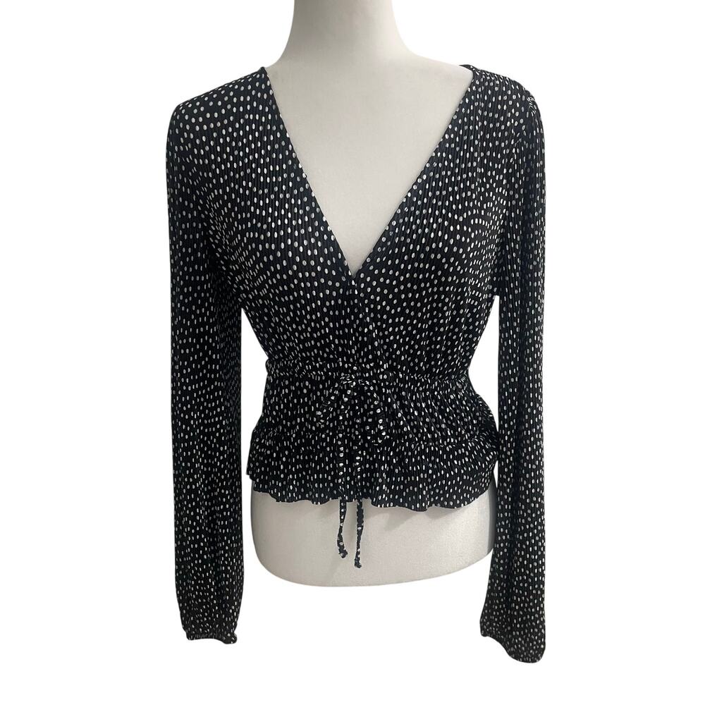 Zara Black & White Polka Dot Pleated Peplum Blouse – Size Small Smocked Waist